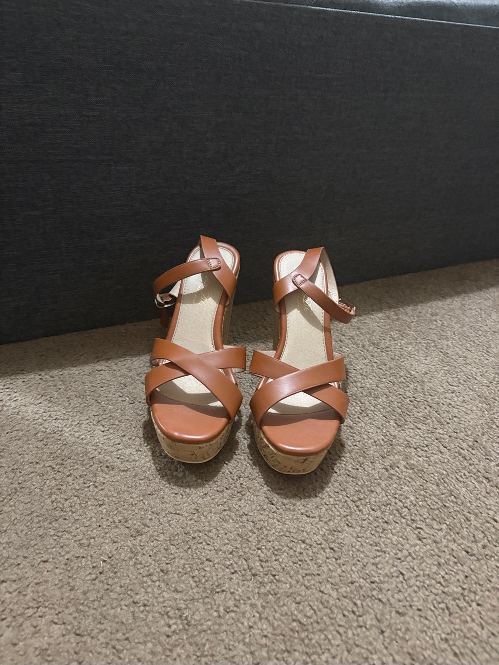 DbDk Fashion Brown Tan Cork Wedge Sandals with Crisscross Straps